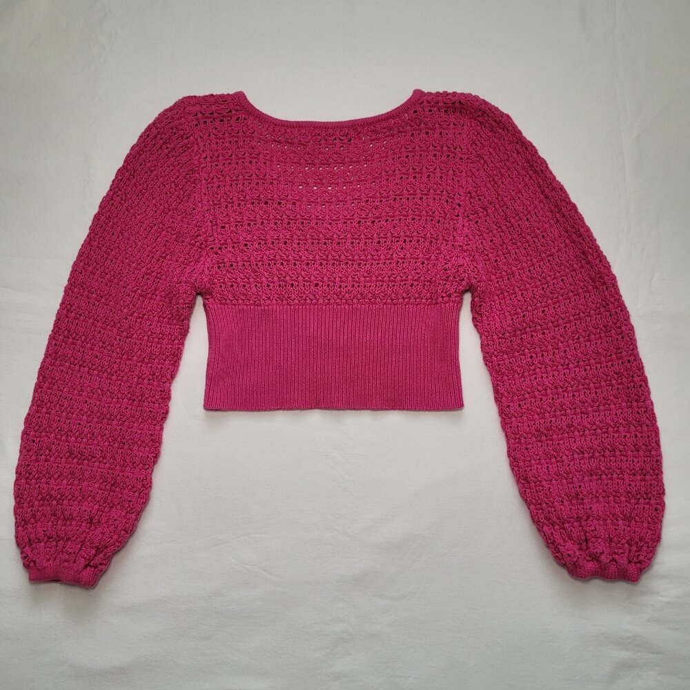 Willow & Wind Knit Cropped V-Neck Sweater Fuchsia Crochet Small Boho - Picture 2 of 10